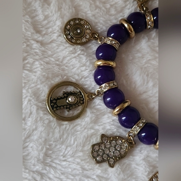 Hamsa Khamsa Fatima Eye Stretch Bling Charm Bracelet Purple Gold NWT - Picture 4 of 15